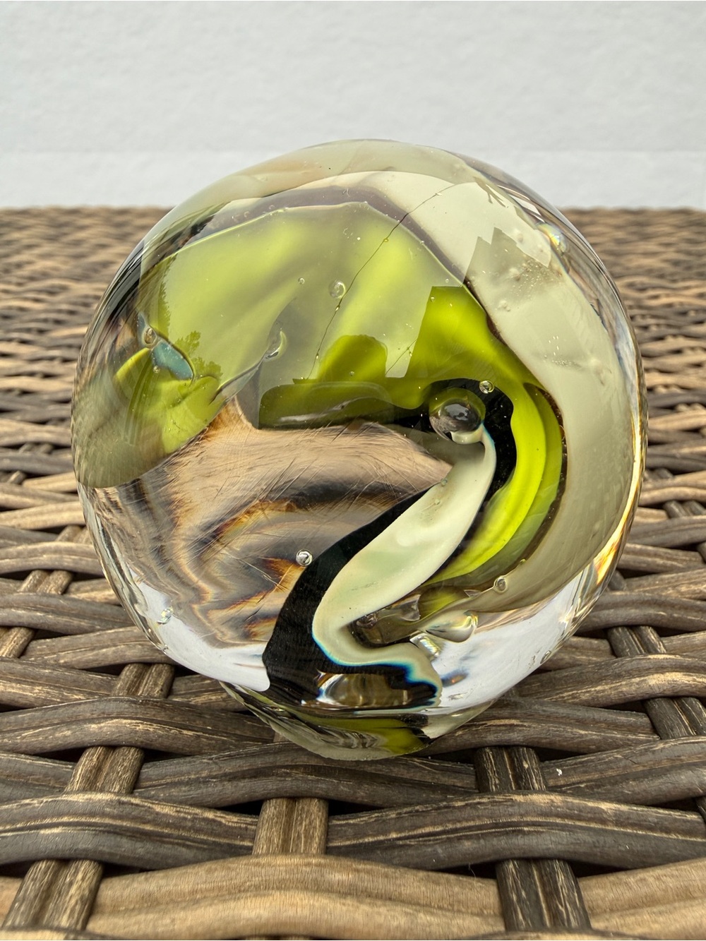 Art Glass Paperweight Green Black White Abstract Ribbon Bubbles 3" Handmade